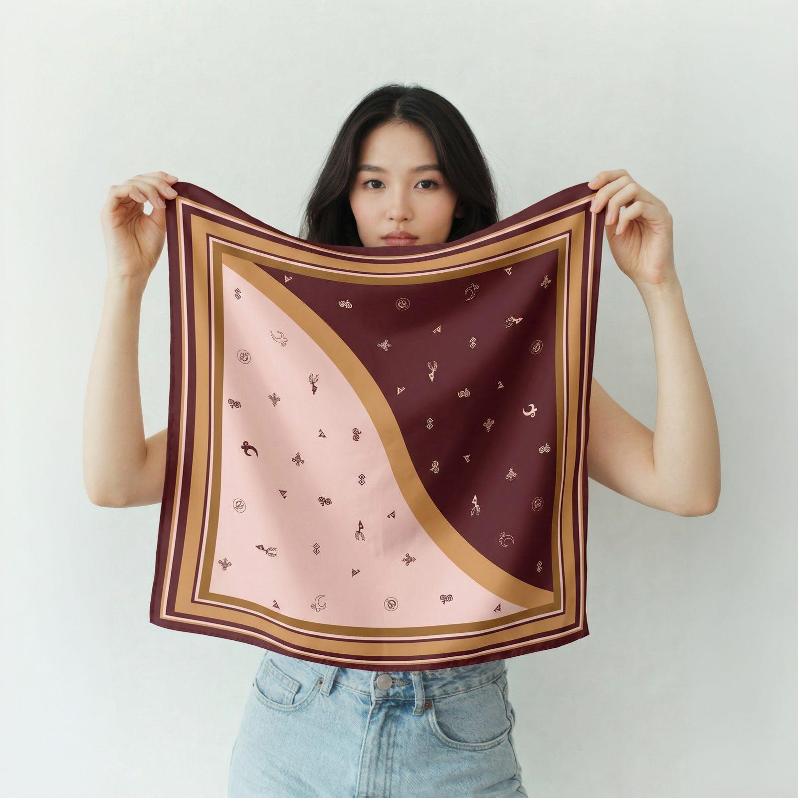 BBD BOUTIQUE — Umay’ın İzinde-Monochrome Anadolu Motifi Desenli Bordo-Pudra Bandana