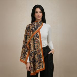 Saray Şalı (Paisley & Floral)-Turuncu ve Yeşil-Lacivert Paisley Çiçeksi Desenli Şal