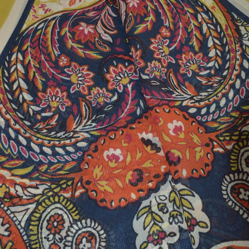 BBD BOUTIQUE — Saray Şalı (Paisley & Floral)-Turuncu ve Yeşil-Lacivert Paisley Çiçeksi Desenli Şal