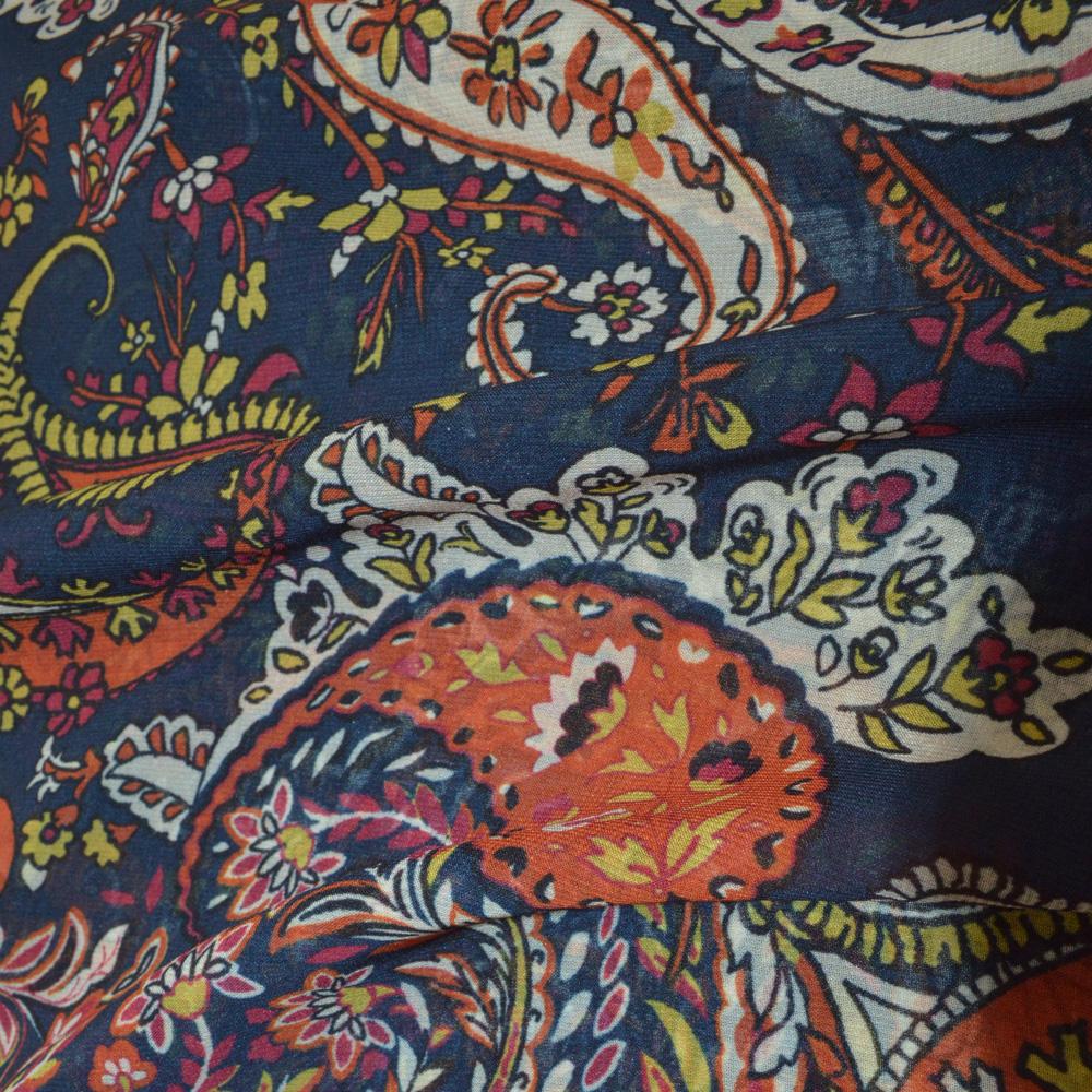 BBD BOUTIQUE — Saray Şalı (Paisley & Floral)-Turuncu ve Yeşil-Lacivert Paisley Çiçeksi Desenli Şal