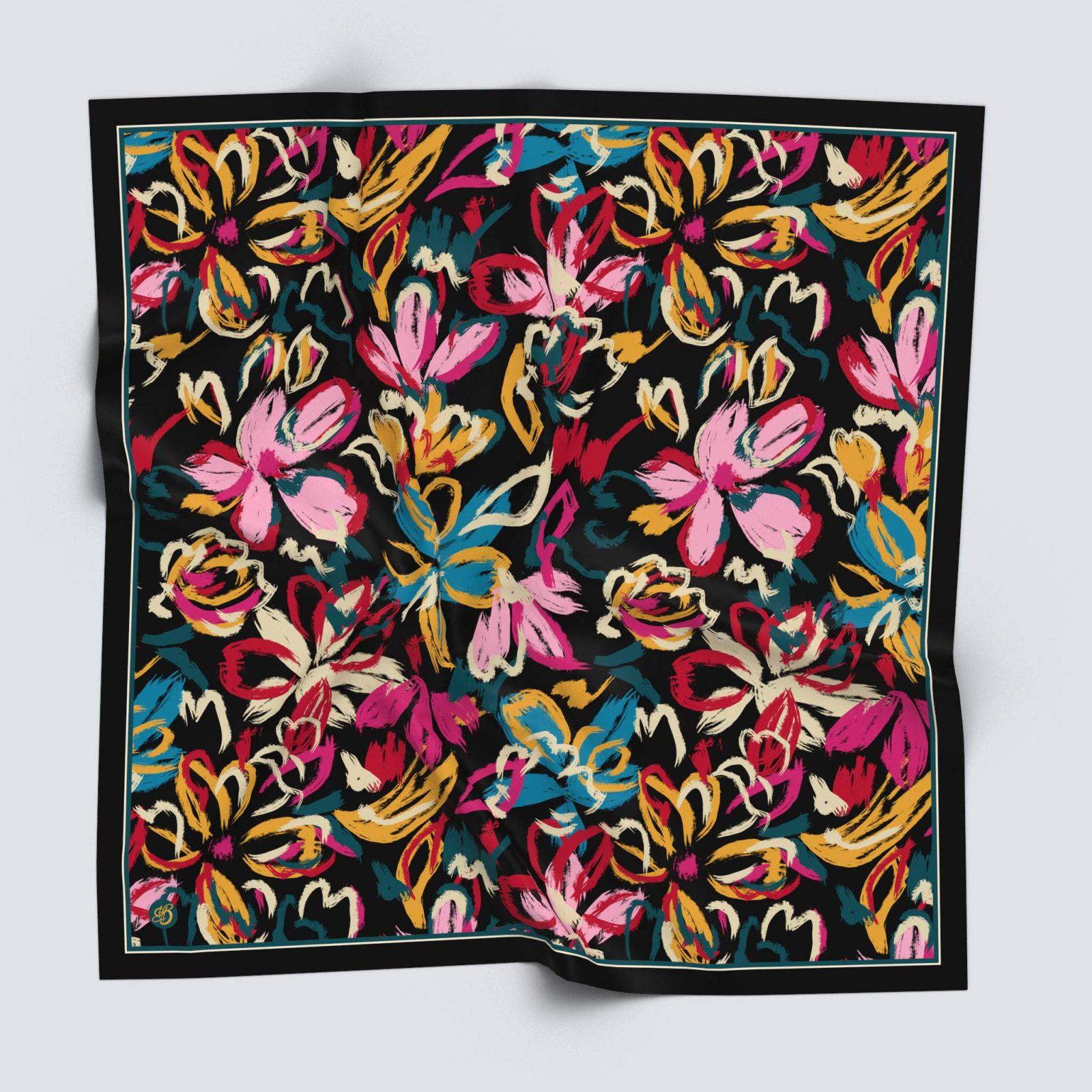 BBD BOUTIQUE — Çiçeklerin Fırça Darbesi-Abstract Çiçek Desenli Siyah Eşarp