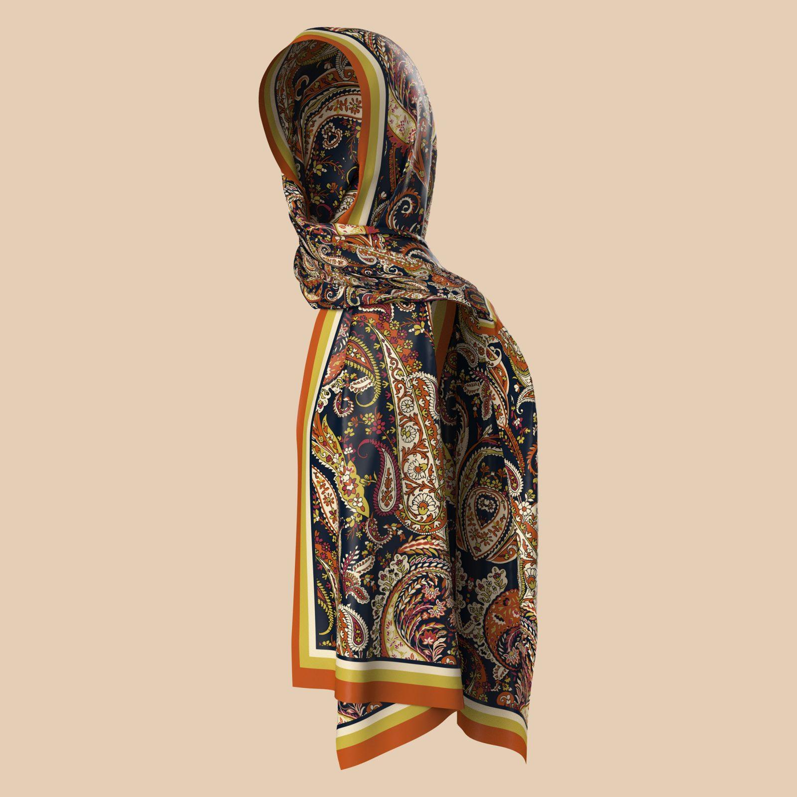 BBD BOUTIQUE — Saray Şalı (Paisley & Floral)-Turuncu ve Yeşil-Lacivert Paisley Çiçeksi Desenli Şal