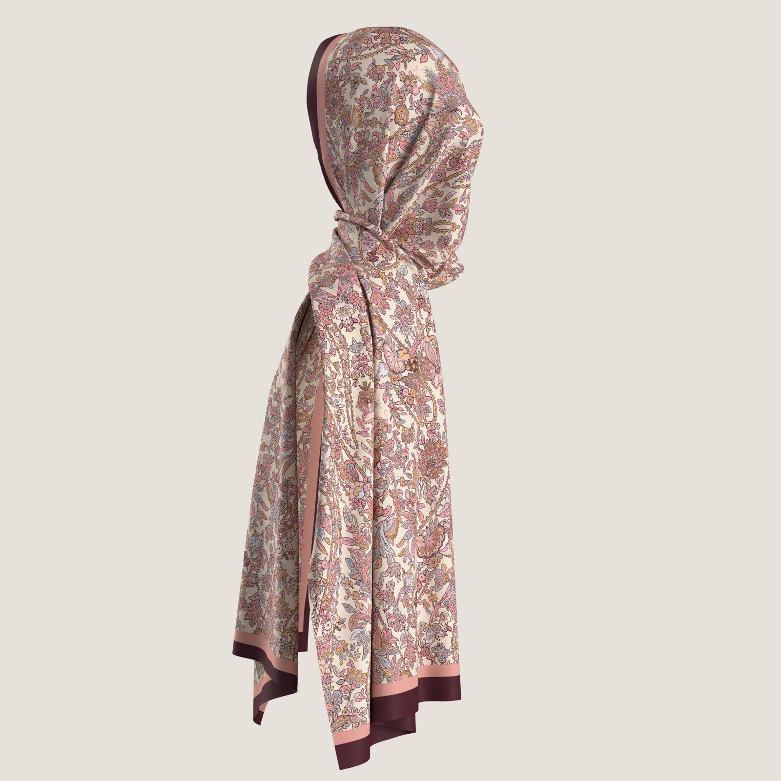 BBD BOUTIQUE — Gül Bahçesi (Paisley & Floral)-Çiçekli Paisley Desenli Bordo-Pudra Şal