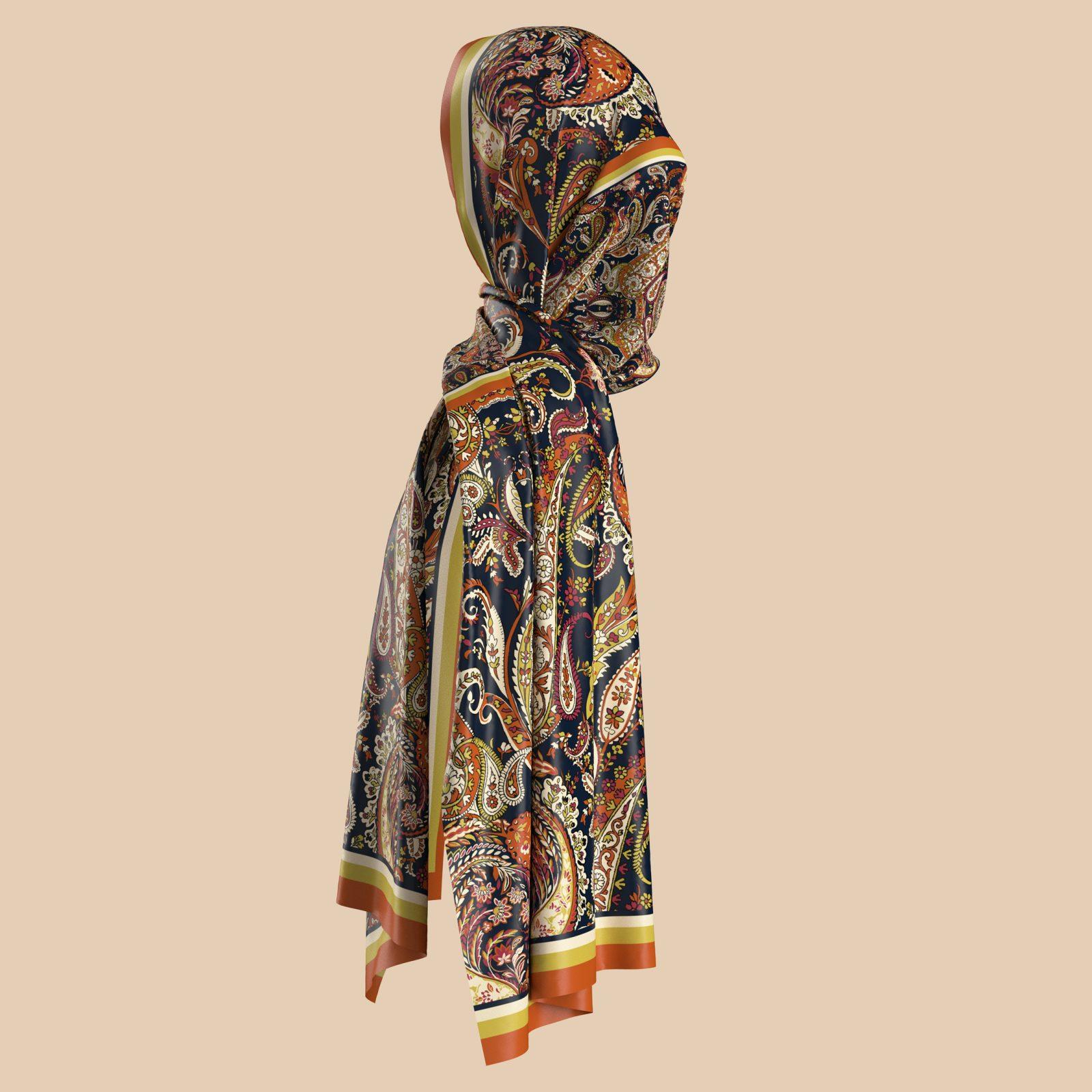 BBD BOUTIQUE — Saray Şalı (Paisley & Floral)-Turuncu ve Yeşil-Lacivert Paisley Çiçeksi Desenli Şal