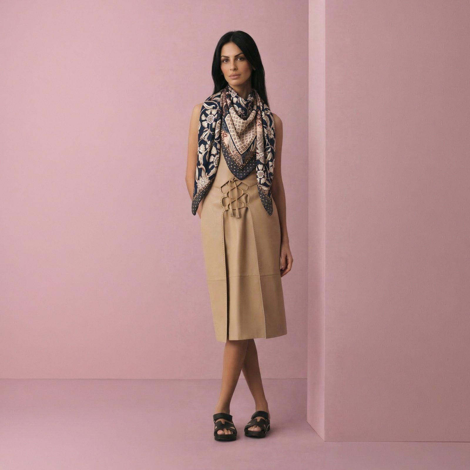 BBD BOUTIQUE — Kudret ve Zarafet-Lacivert ve Kahverengi Şal Desenli Mix Eşarp 110