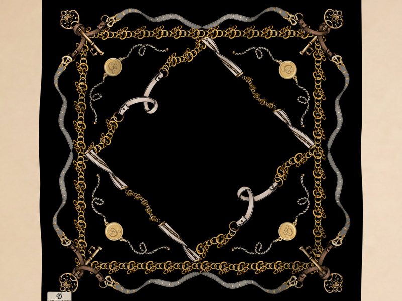 BBD BOUTIQUE — BBD Altın Zincir (Signature)-Siyah Sarı Renkli Zincir Desenli İpek Twill Eşarp 90